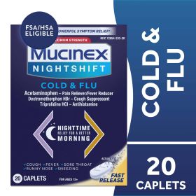 Mucinex Nightshift Cold and Flu Medicine, Fever Reducer, OTC Nighttime Cough Relief, 20 Caplets